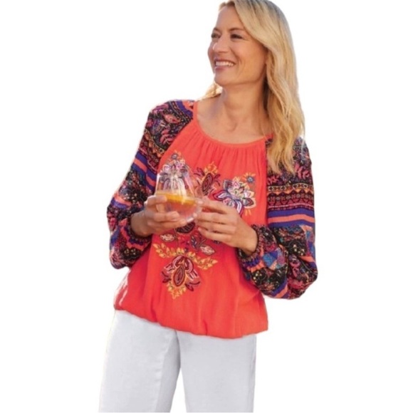 Soft Surroundings woman's size 1X Blame Rio embroidered gauze sleeves top shirt - Picture 1 of 8